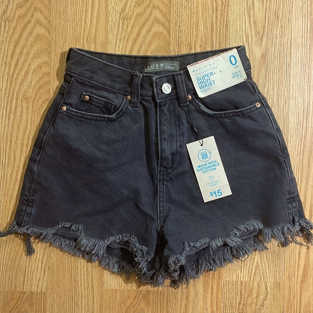 Primark high waist black shorts, new with tags, distressed denim, size 0